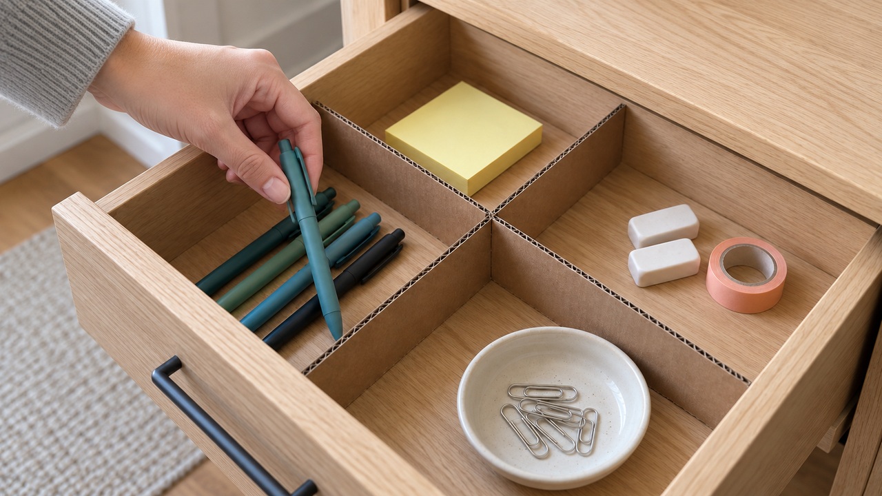 Turn cardboard scraps into dividers for a tidier desk drawer
