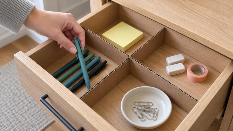 Turn cardboard scraps into dividers for a tidier desk drawer