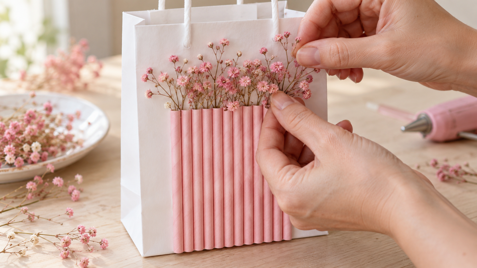 How to use straws and flowers to decorate a paper gift bag