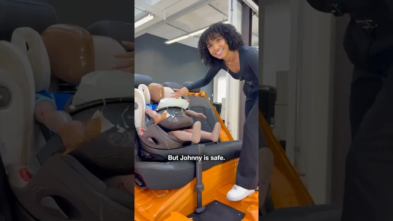 A child seat with an airbag undergoes a test using a $150,000 dummy