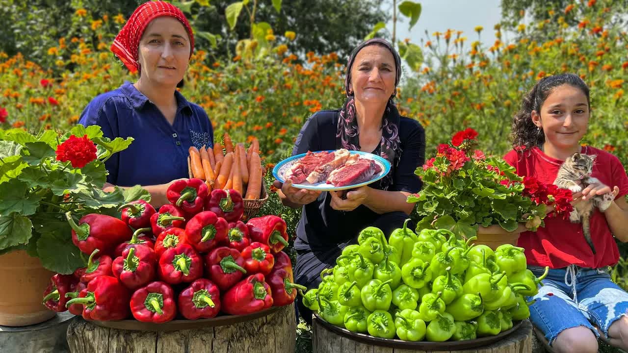 Sweet red peppers and homemade meatballs make a cozy village dinner in ...
