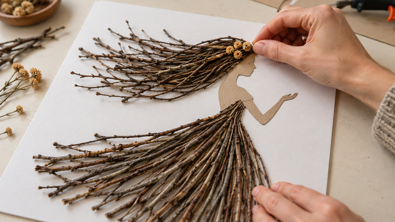 How to make a twig dress collage with cardboard