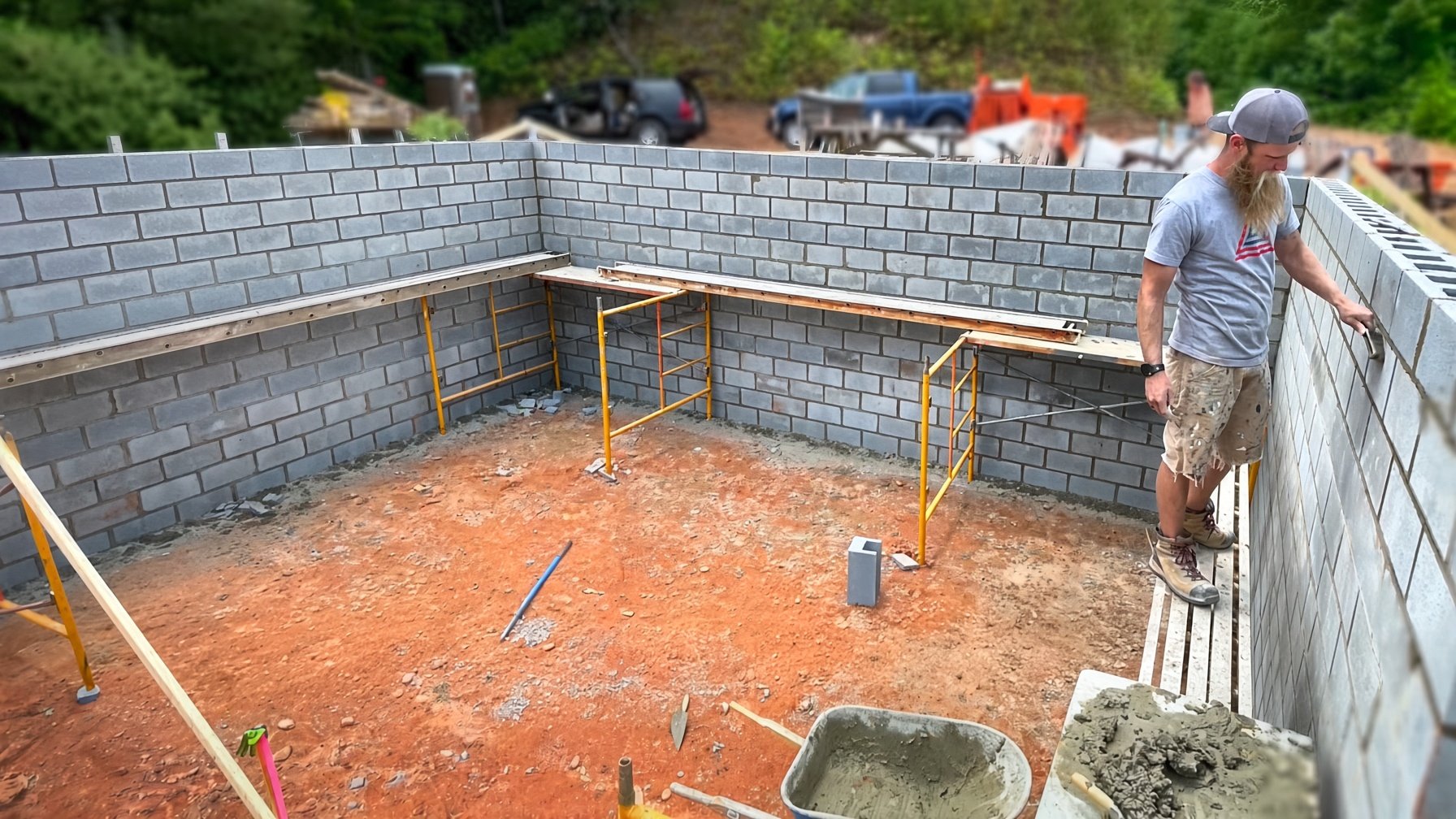 Block wall construction at Nantahala Retreat #3