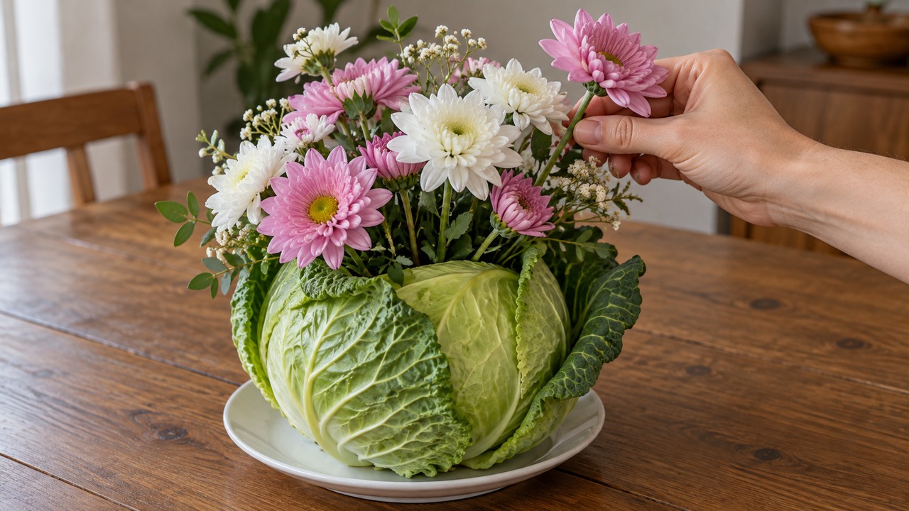 Make a cabbage centerpiece with a small jar and fresh flowers