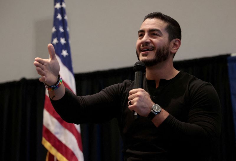 FILE PHOTO: Democratic candidate for US Senate Abdul El-Sayed speaks to attendees at the Carpenters & Millwrights Labor Center during a campaign stop in Warren, Michigan, US, October 3, 2026. REUTERS/Rebecca Cook/File Photo