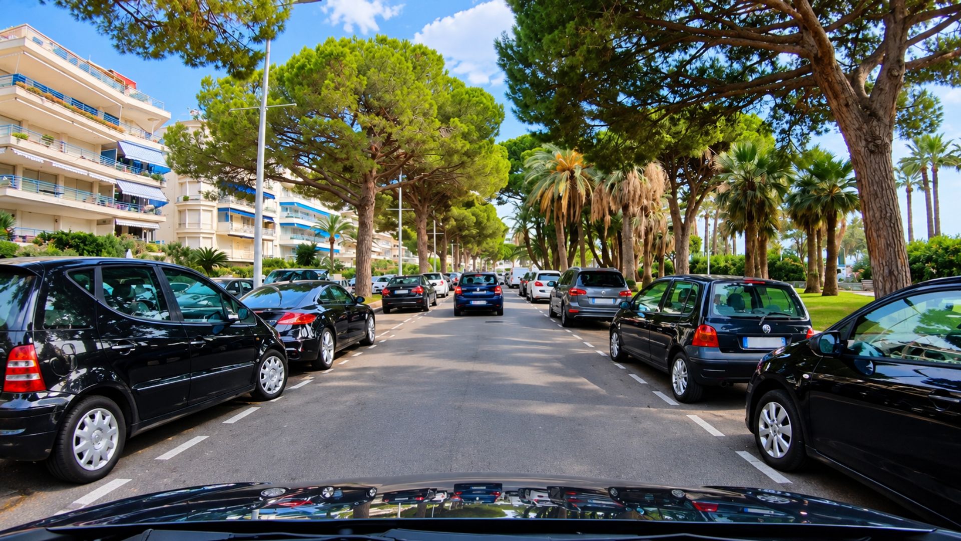 Driving along the palm-lined streets of the French Riviera (4K)