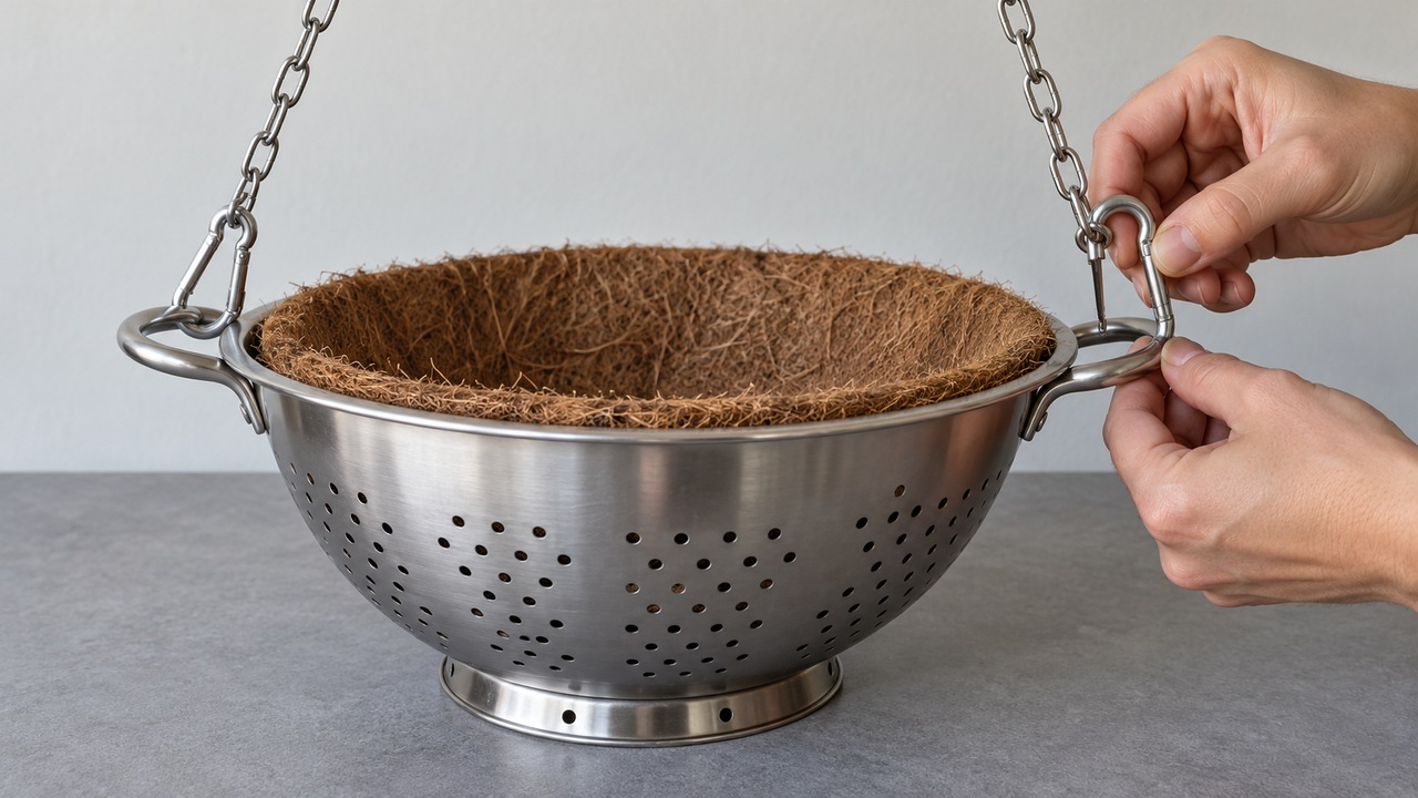 Don’t toss that colander: turn it into a hanging planter