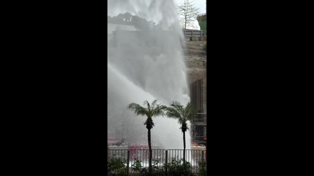 Towering water jet erupts between palm trees after pipe bursts in Hong Kong