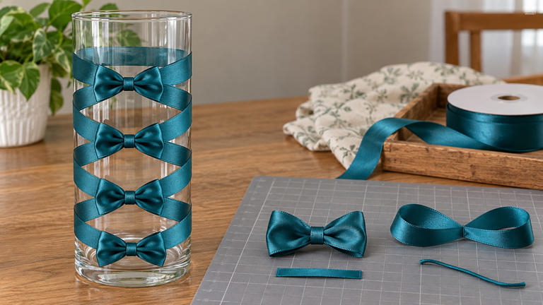 How to decorate a glass vase with twisted ribbon