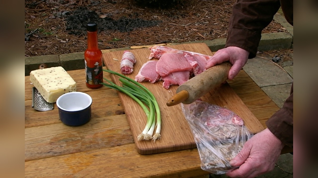 Pork bacon rolls cooked indirect on the grill