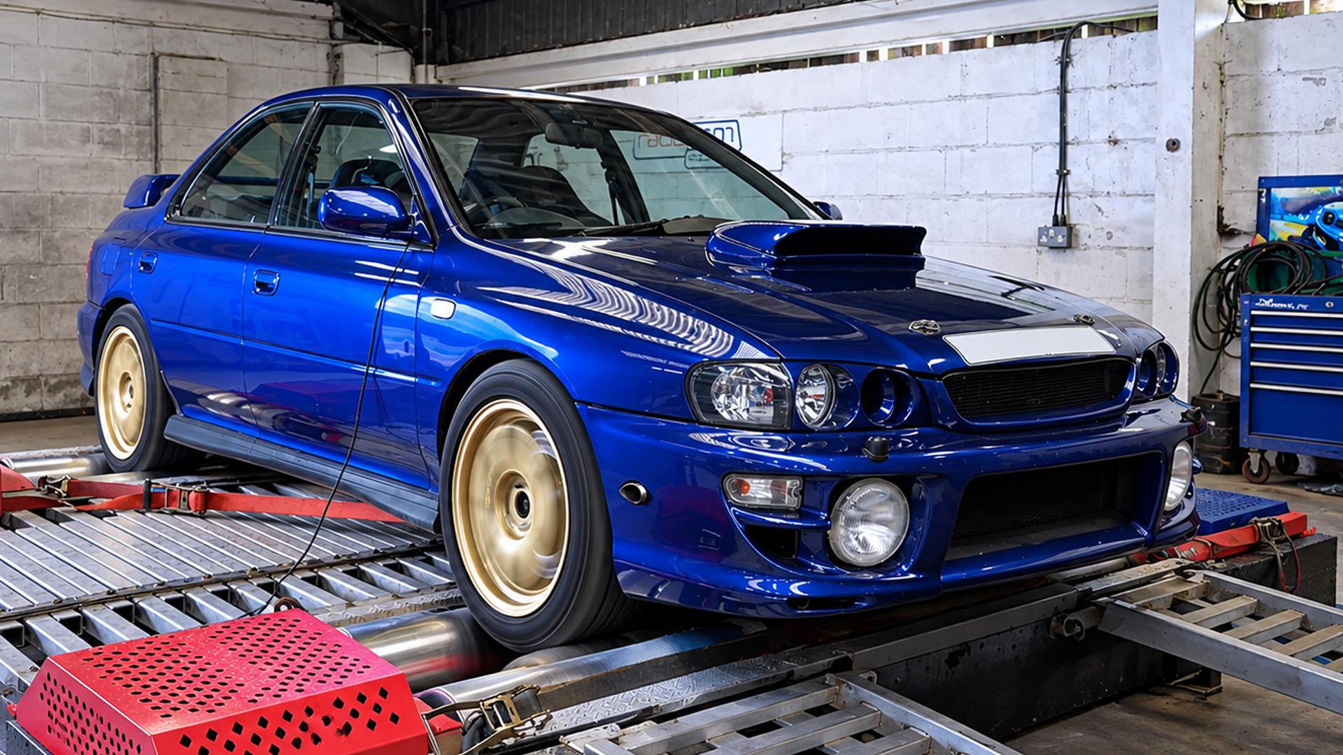 Subaru Impreza undergoes engine performance testing at a dyno workshop
