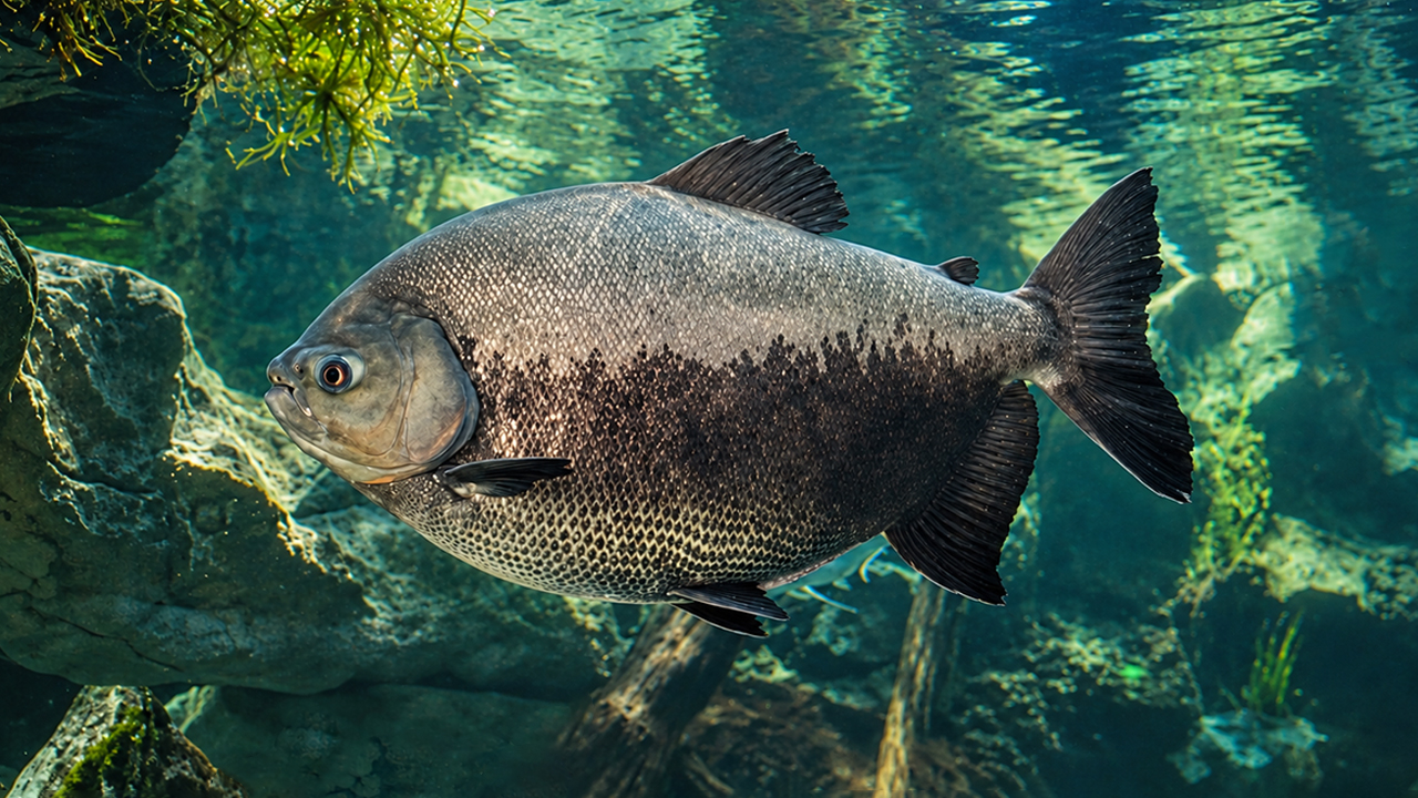 This giant pacu swallows banana in one bite