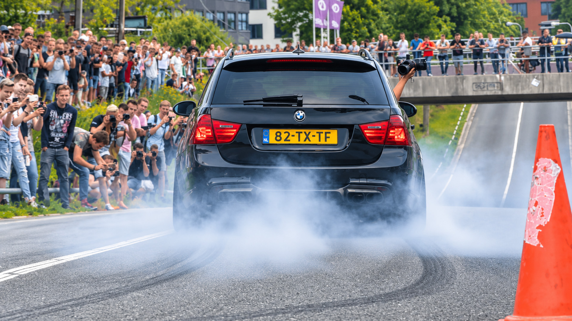 Modified cars unleash smoke during street burnouts