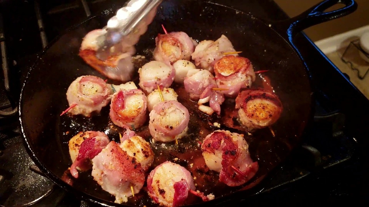Bacon wrapped scallops in cast iron