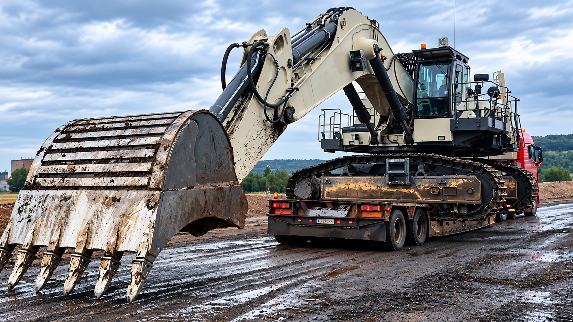 How heavy haulers move a 125-ton Liebherr mining excavator sideways