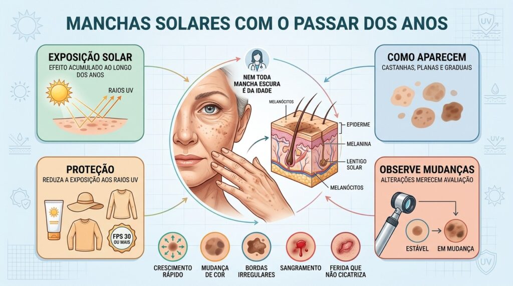 Manchas escuras ficam mais comuns nas mãos e no rosto com o passar dos anos