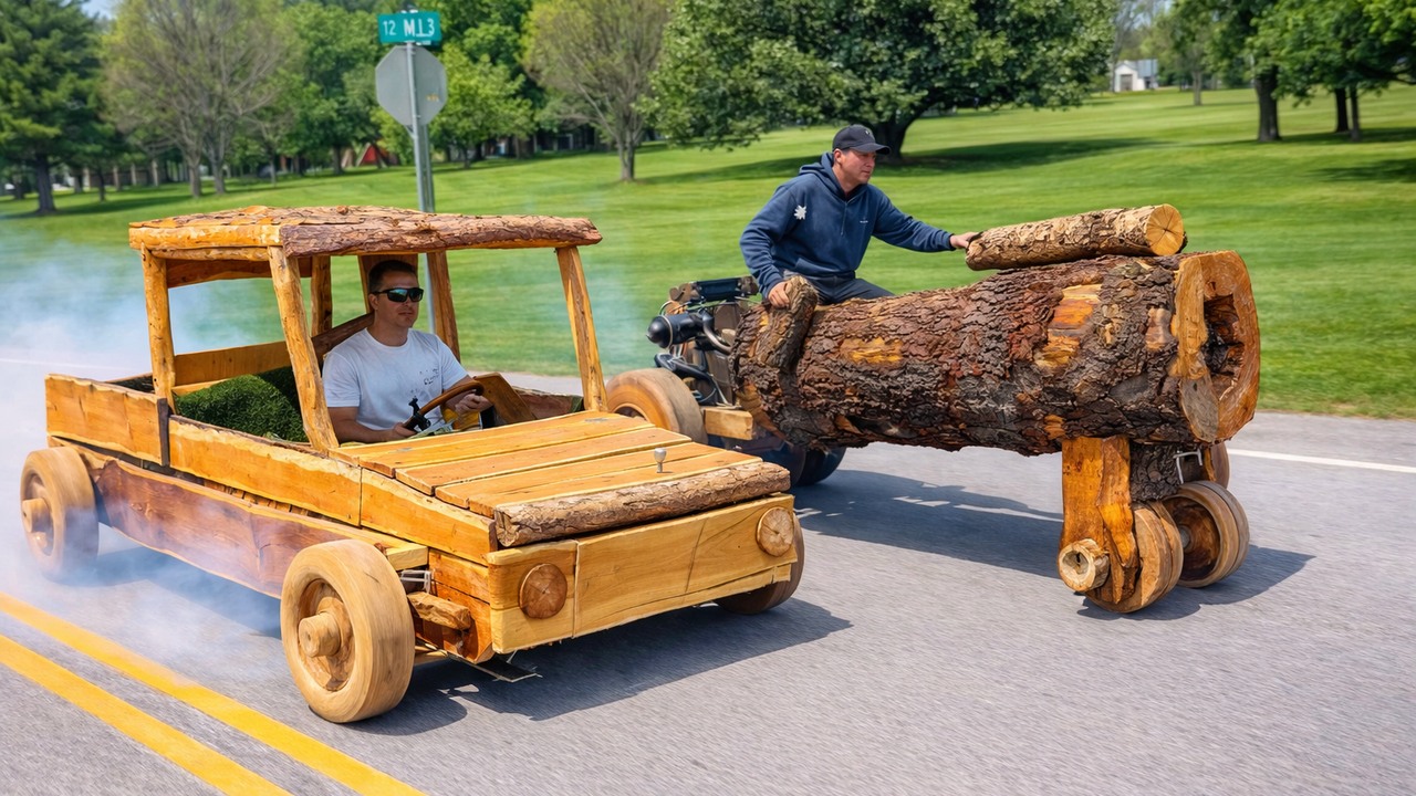 Wooden cars all break in off-road race and tug-of-war tests