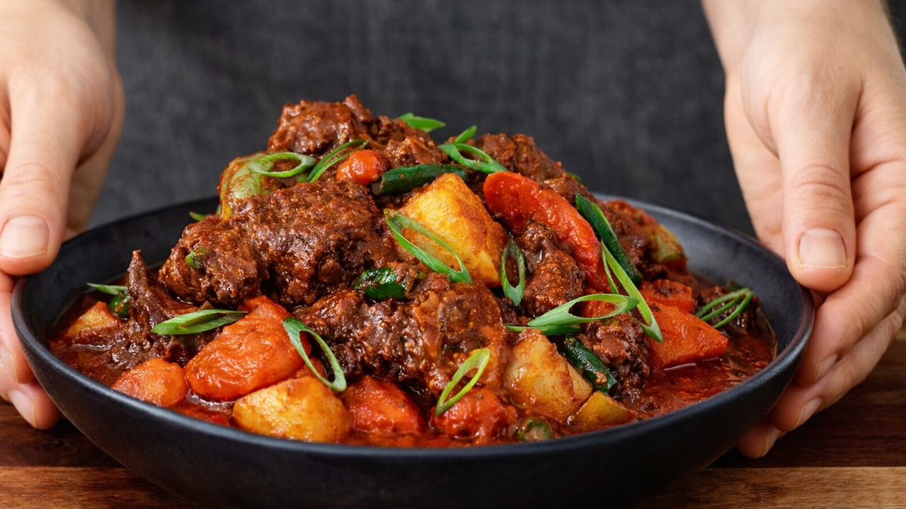 Making a flavorful beef stew with meat marinated for 24 hours