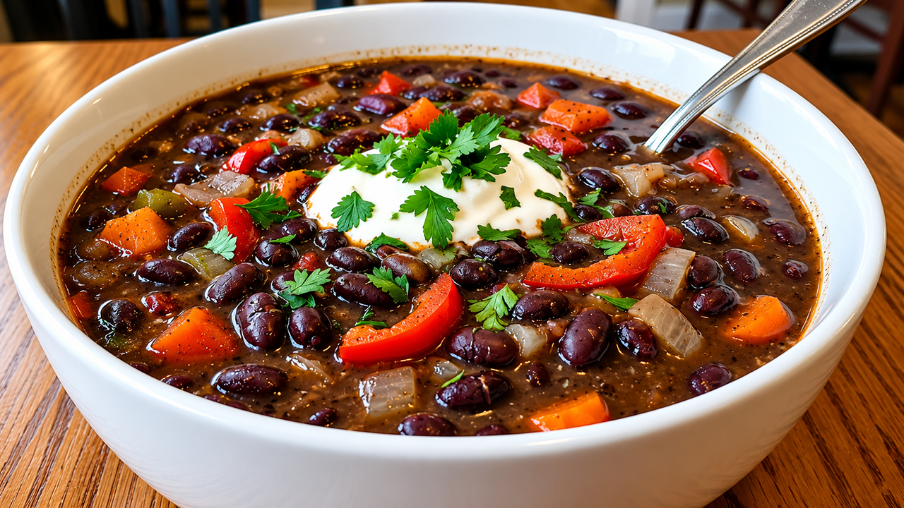 Cook homemade black bean soup with rich texture