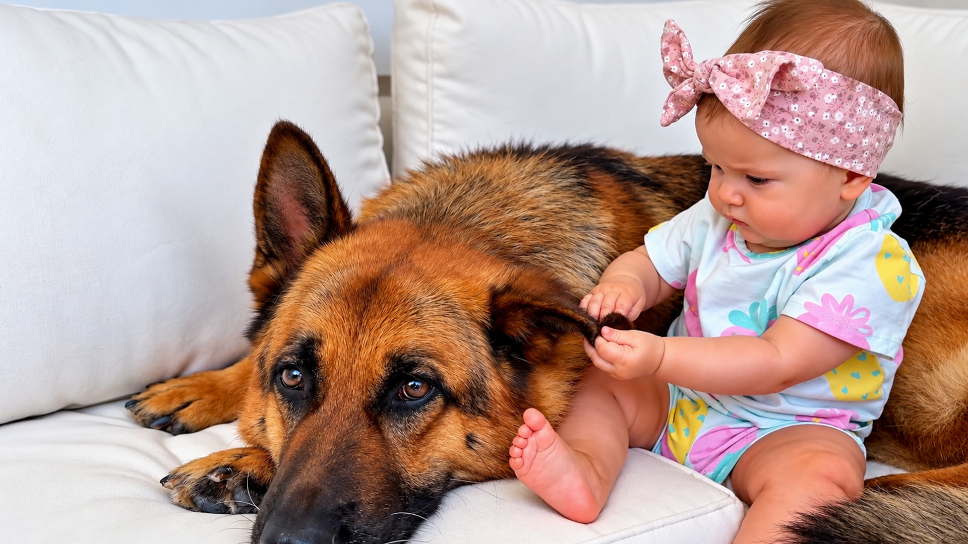 This baby loves playing with her German shepherd's ears