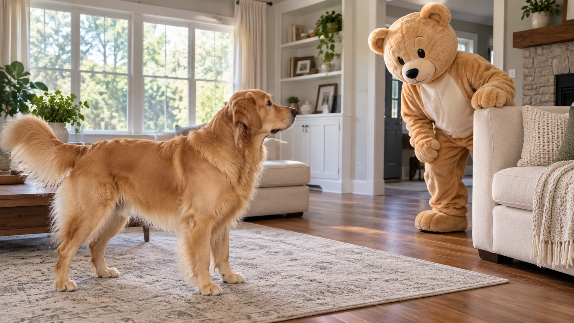 Golden retriever faces his strangest visitor yet