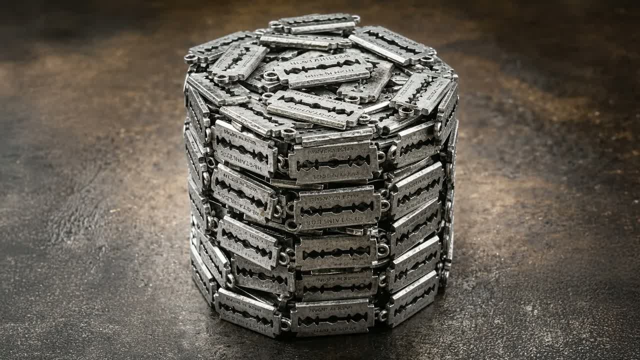 A bladesmith forges 150 razor blades into one Damascus knife