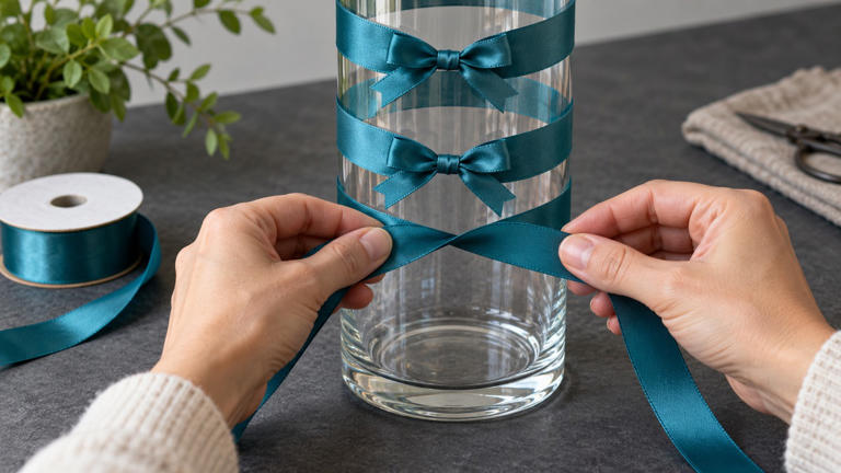 How to decorate a glass vase with twisted ribbon