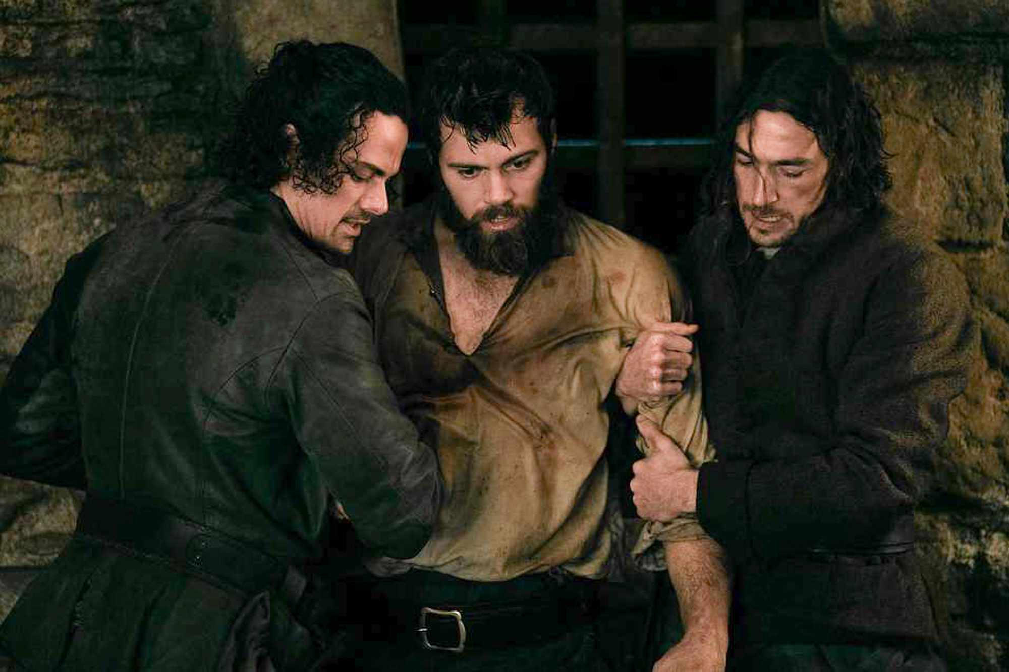 Brian Fraser (Jamie Roy), Murtagh Fitzgibbons Fraser (Rory Alexander), and Dougal MacKenzie (Sam Retford) on ‘Outlander: Blood of My Blood’ Credit: Robert Wilson/Starz