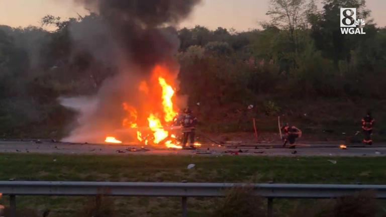 Video, photos show trail of fiery wreckage along I-81 after deadly crash