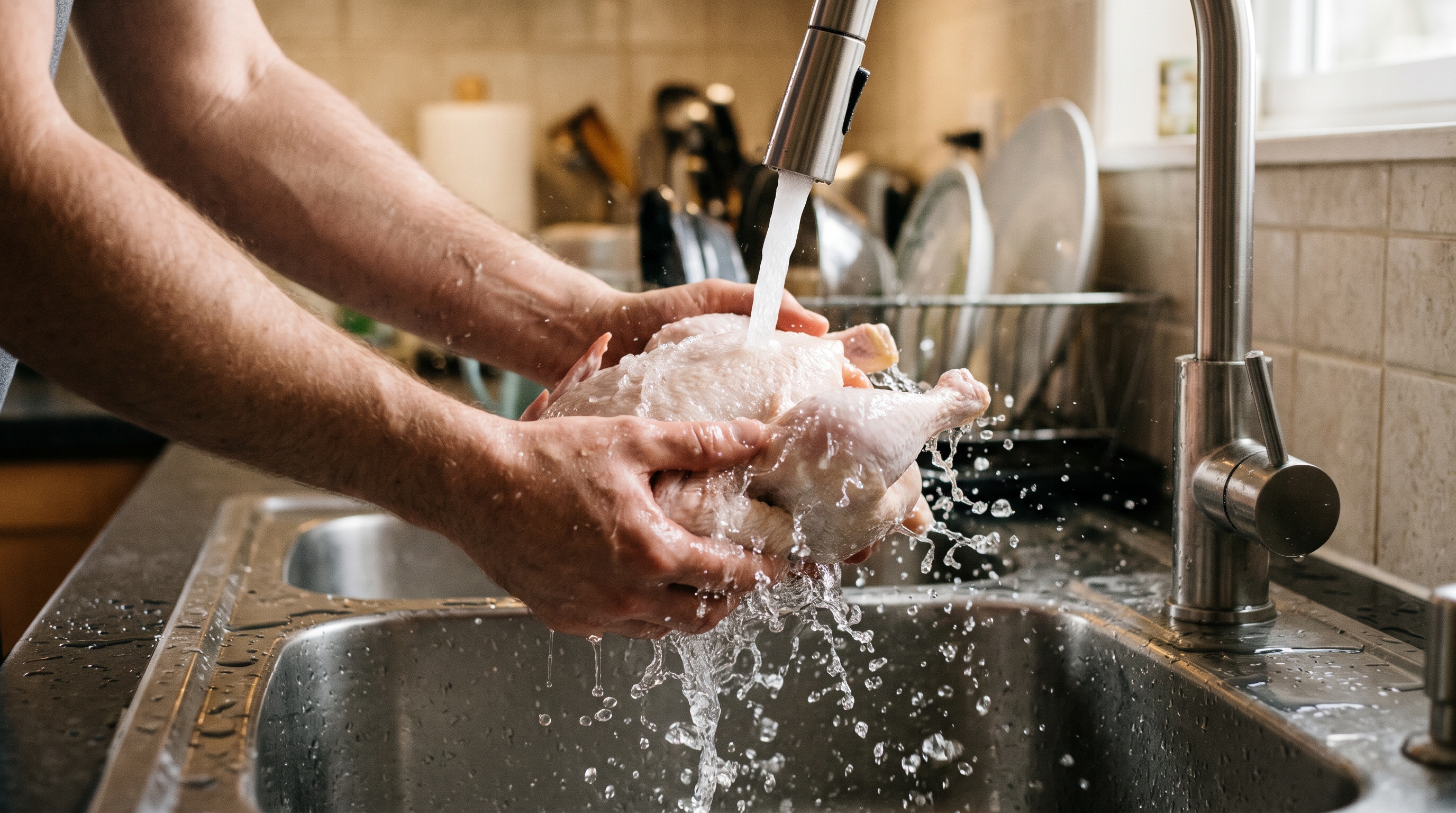 In USDA kitchen tests, rinsing raw poultry left bacteria in 60% of sinks
