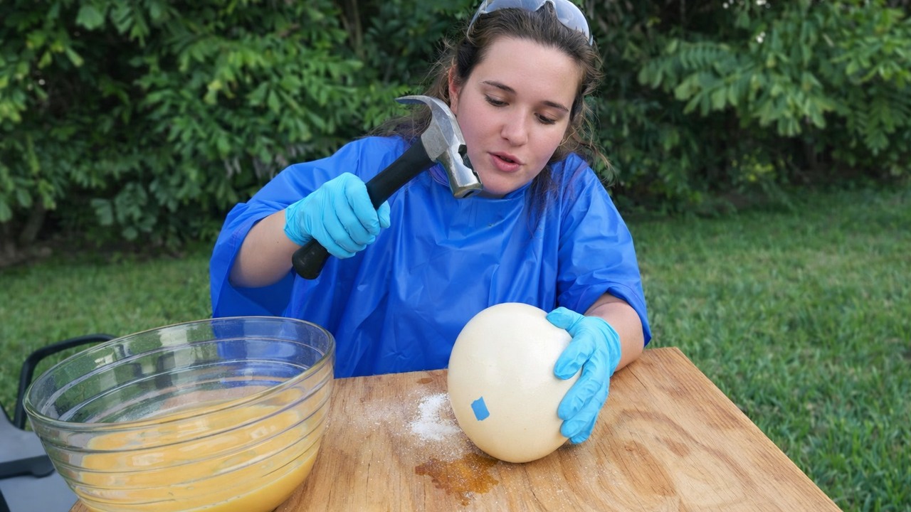 Opening an ostrich egg with a drill reveals an unpleasant surprise inside