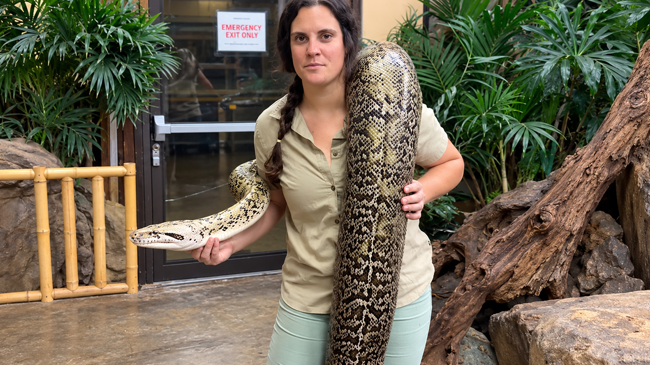 Giant python stretches out and shows her incredible length