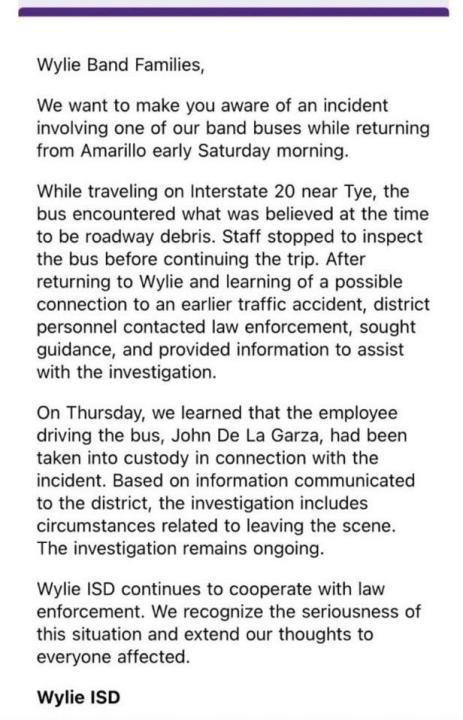 Wylie ISD band bus driver arrested in connection to fatal crash