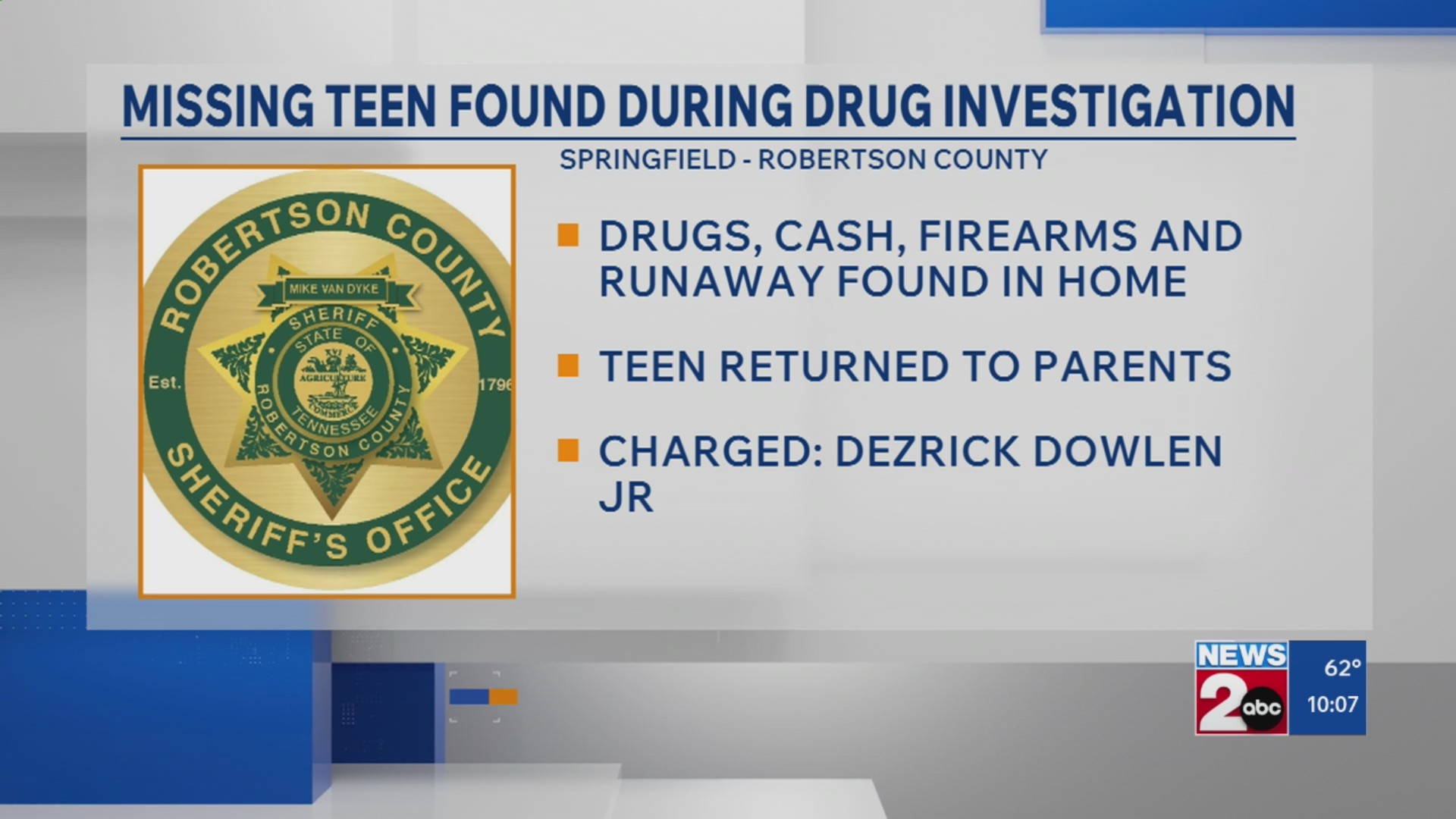 Missing teen found during drug investigation in Robertson County