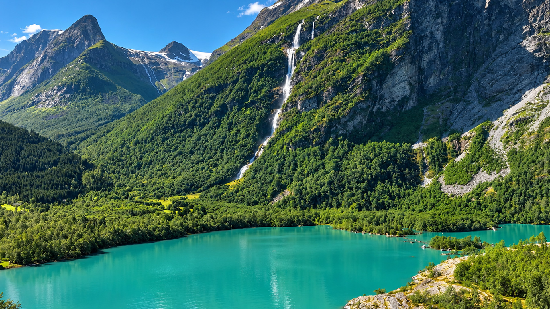 A towering waterfall in Norway's mountain landscape
