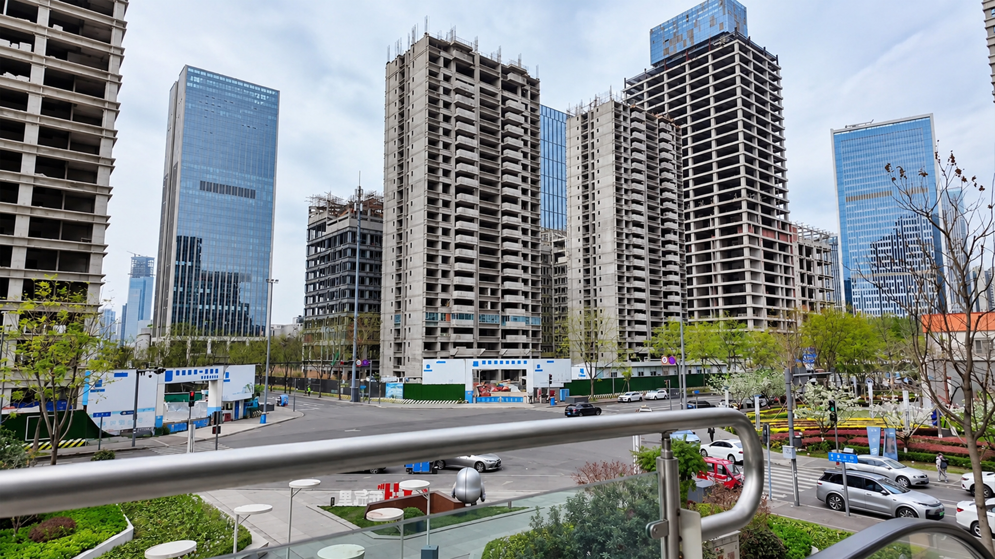 Multiple unfinished skyscrapers stand among China's modern glass towers