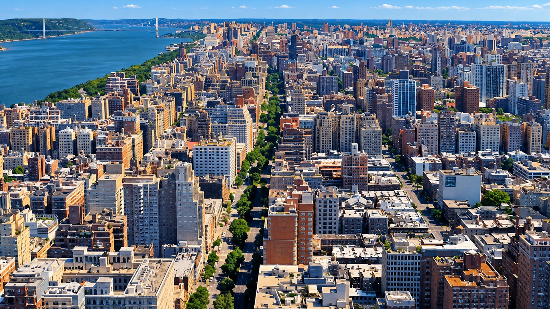 Manhattan stretches toward the Hudson along the Broadway corridor