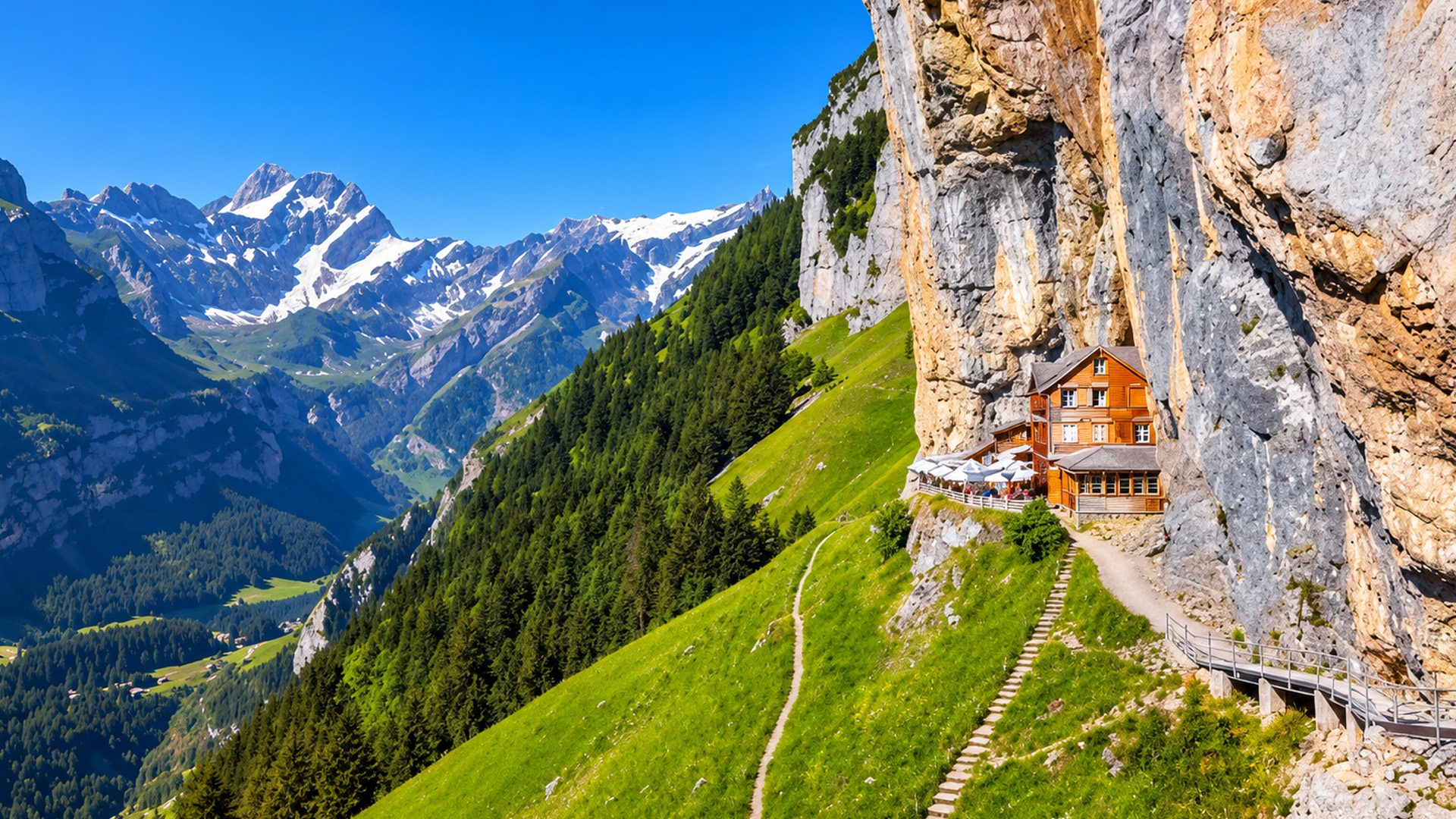 A wooden house hanging beneath a giant mountain cliff