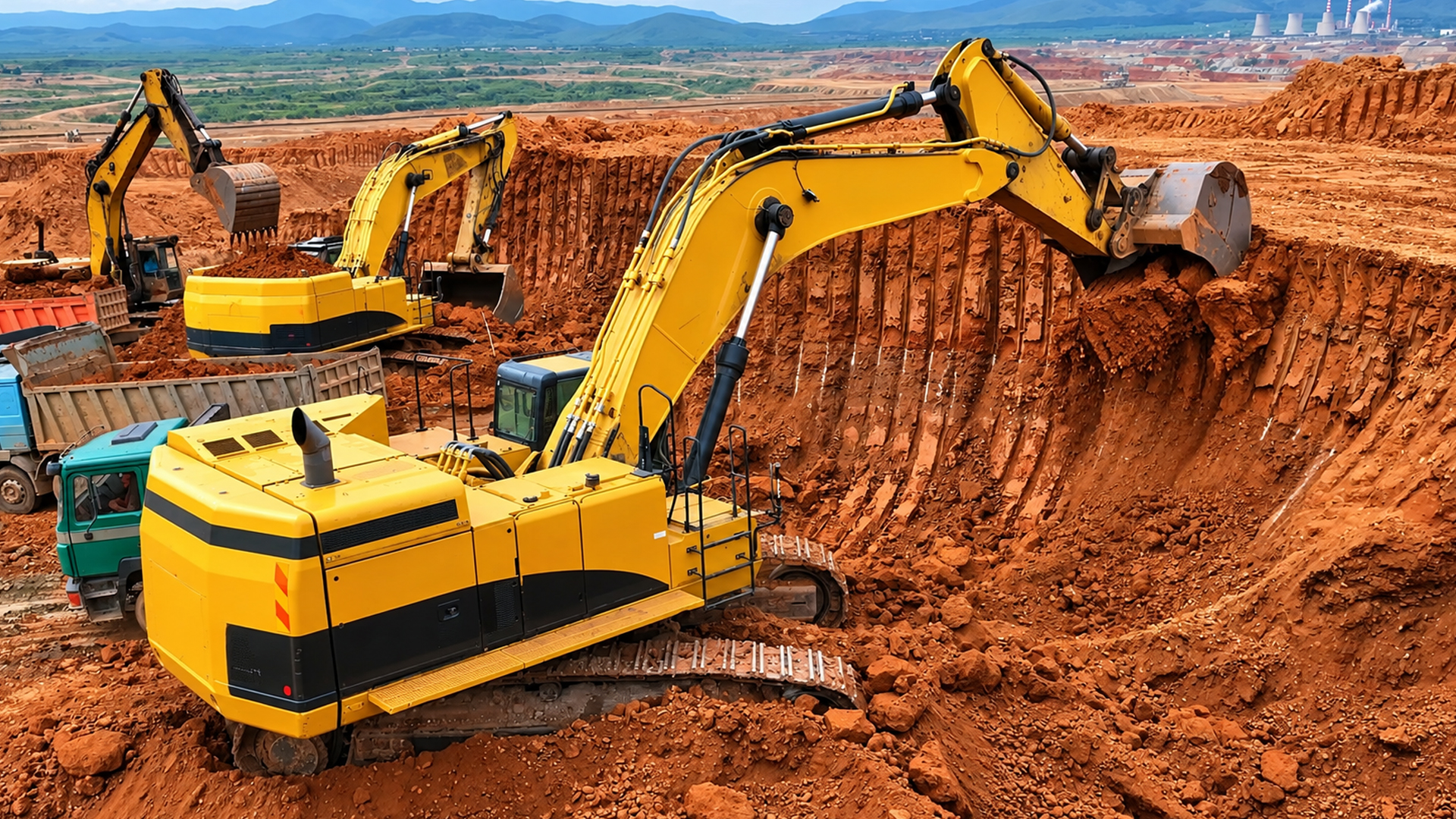 Watch a 70-ton Caterpillar excavator carve a clay pit and fill dump trucks