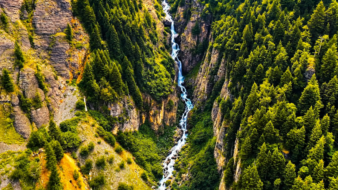 Hidden mountain waterfall cascading through a deep forest canyon