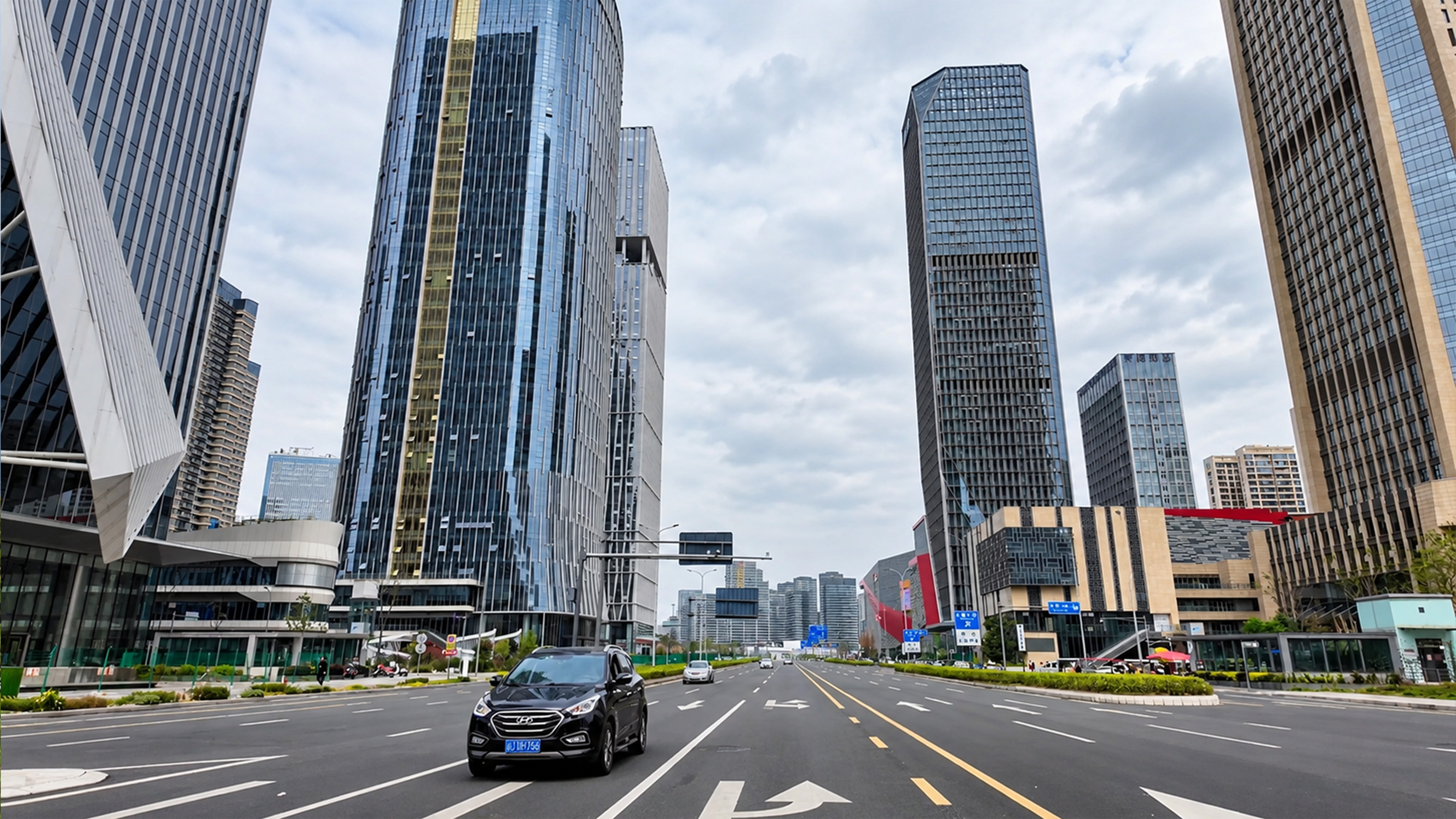 A massive city road runs between giant skyscrapers in China