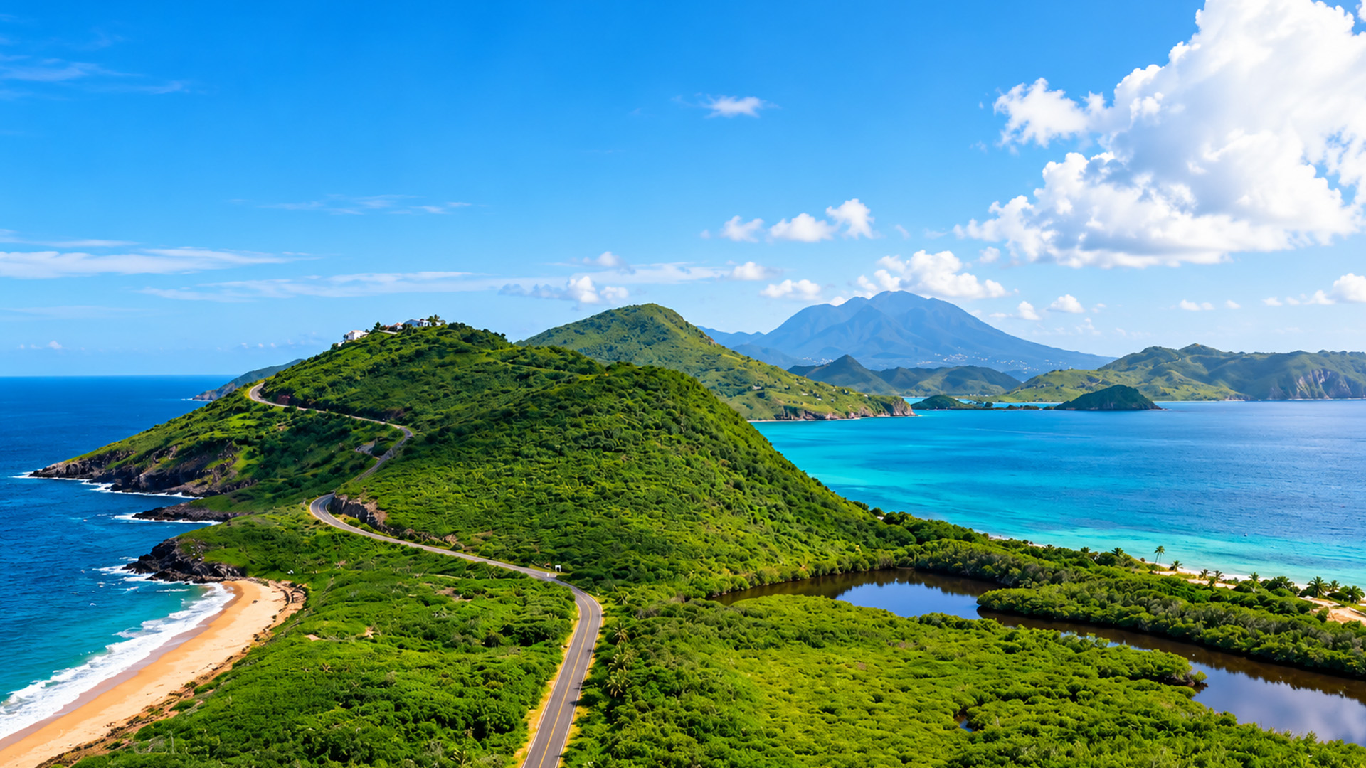 The road that disappears behind two green hills