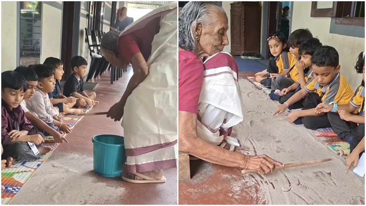 This elderly woman from Kerala uses sand to teach her students, and it ...