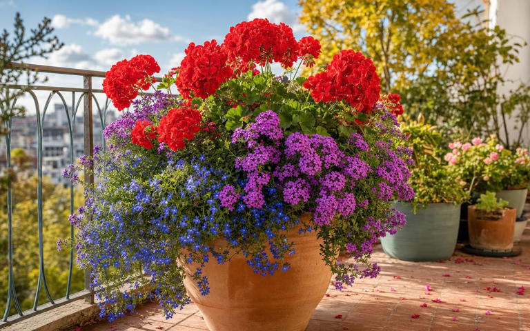 Ce mélange géranium, verveine et lobélie et un simple détail sur le pot ...