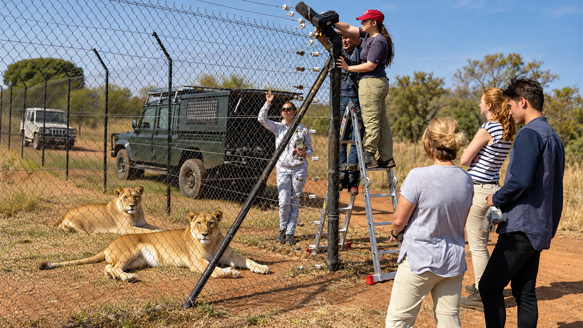 Two lionesses watched something unusual outside their fence
