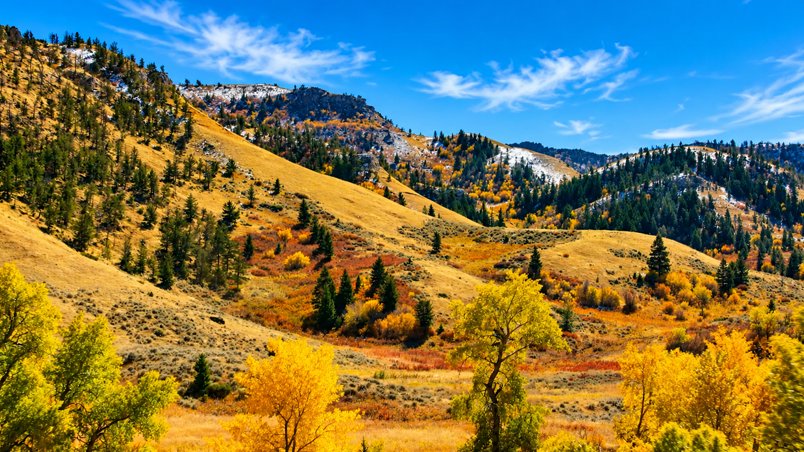 Golden autumn in the mountains with colorful forests and rolling hills