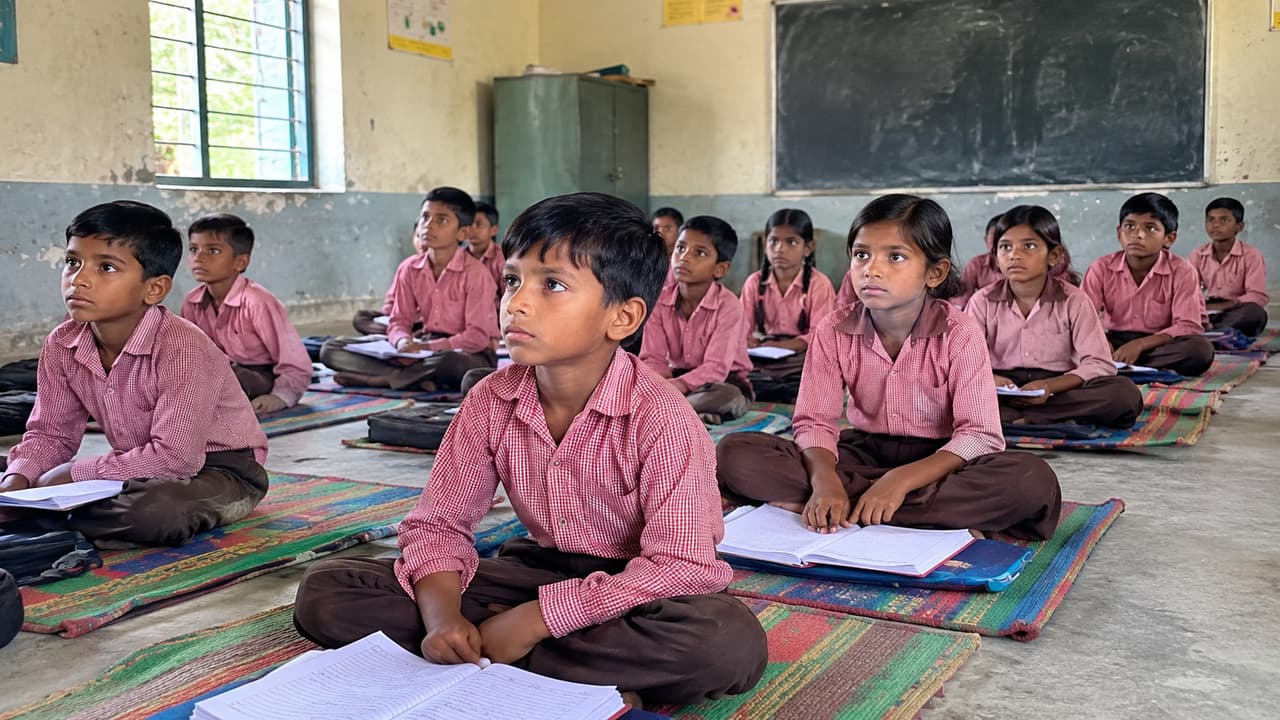 UP government school children study on mats despite funds for furniture