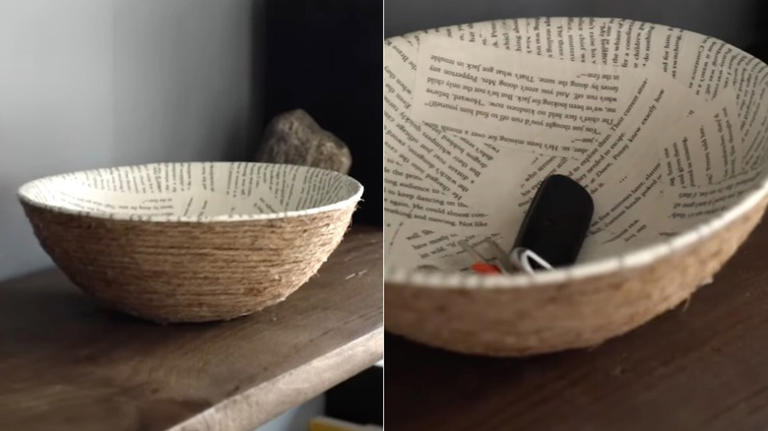 Cover old bowls with book pages to make stylish decor for a bookshelf