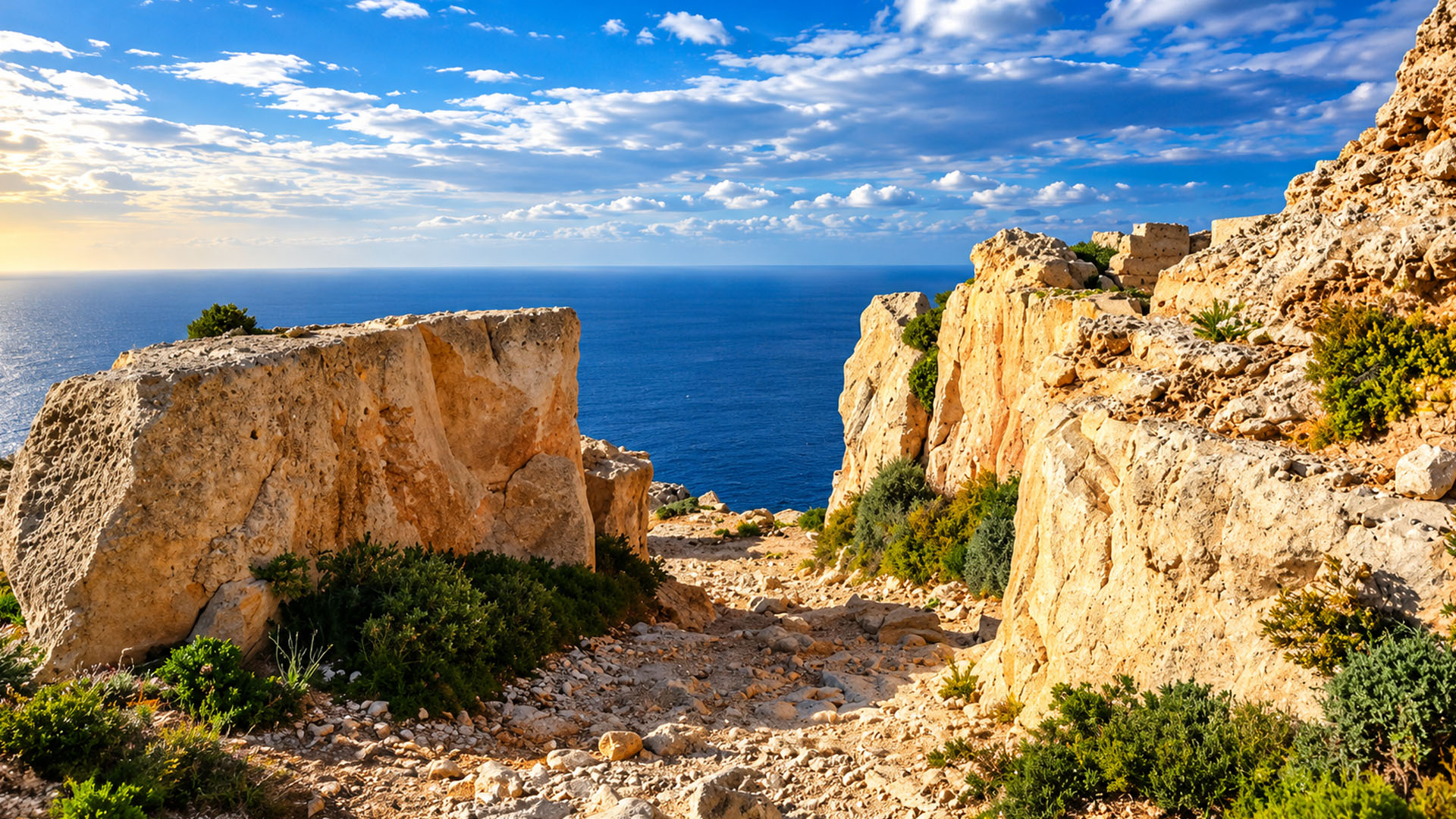 A narrow rocky path opens toward Malta’s blue sea (4K)