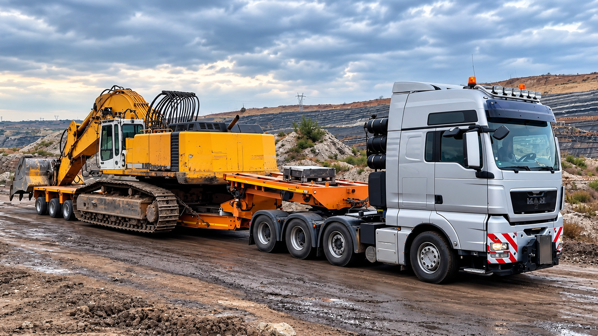 Watch a 100-ton Liebherr excavator squeeze under a highway bridge sideways